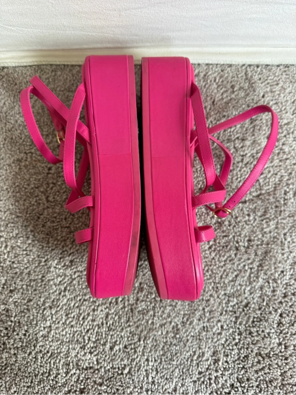 Stuart Weitzman Hot Pink Strappy Platform Sandals gold metal buckles